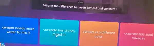 What is the difference between cement and concrete?
cement needs more
water to mix it
concrete has stones
mixed in
cement is a different
color
concrete has sand
mixed in