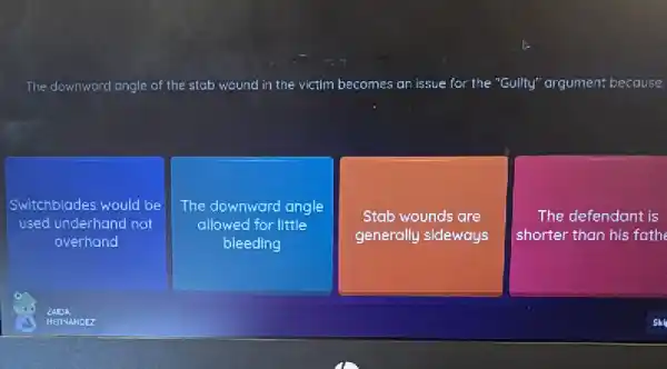 The downward angle of the stab wound in the victim becomes an issue for the "Guilty"argument because:
Switchblades would be
used underhand not
overhand
The downward angle
allowed for little
bleeding
Stab wounds are
generally sideways
The defendant is
shorter than his fath