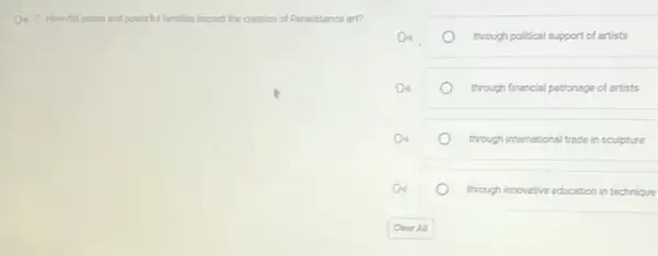 Dr 7. How did popes and powerful families impact the creation of Renaissance art?
through political support of artists
through financial patronage of artists
through international trade in sculpture
through innovative education in technique