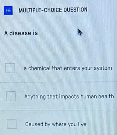 E MULTIPLE-CHOICE QUESTION
A disease is
a chemical that enters your system
Anything that impacts human health
Caused by where you live