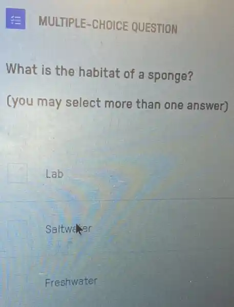 E MULTIPLE-CHOICE QUESTION
What is the habitat of a sponge?
Cyou may select more than one answer)
Lab
Saltwarer
Freshwater