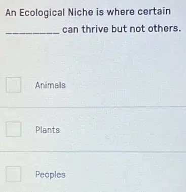 An Ecological Niche is where certain
__ can thrive but not others.
Animals
Plants
Peoples