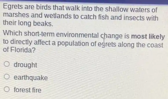 Egrets are birds that walk into the shallow waters of
marshes and wetlands to catch fish and insects with
their long beaks.
Which short-term environmental change is most likely
to directly affect a population of edrets along the coast
of Florida?
drought
earthquake
forest fire