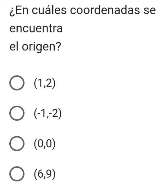 ¿En cuáles coordenadas se
encuentra
el origen?
(1,2)
(-1,-2)
(0,0)
(6,9)