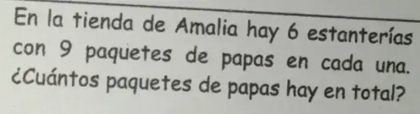 En la tienda de Amalia hay 6 estanterías
con 9 paquetes de papas en cada una.
¿Cuántos paquetes de papas hay en total?