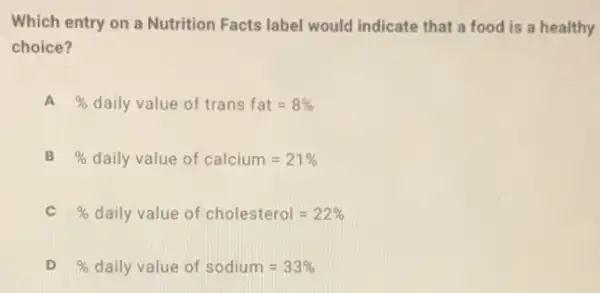 Which entry on a Nutrition Facts label would indicate that a food is a healthy
choice?
%  daily value of transfat=8% 
%  daily value of calcium=21% 
C %  daily value of cholesterol=22% 
D %  daily value of sodium=33%