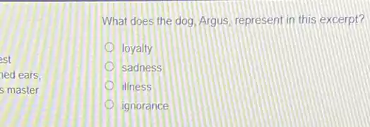 est
ned ears.
s master.
What does the dog Argus represent in this excerpt?
loyalty
sadness
illness
ignorance