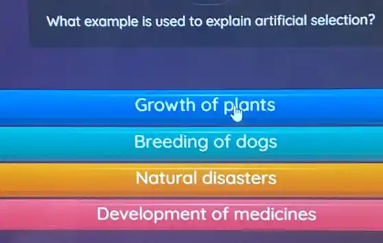 What example is used to explain artificial selection?
Growth of plants
Breeding of dogs
Natural disasters
Development of medicines