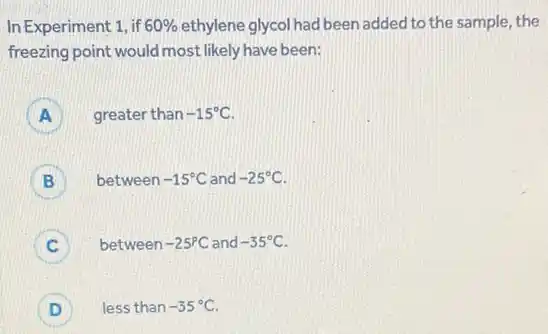 In Experiment 1, if 60%  ethylene glycol had been added to the sample, the
freezing point would most likely have been:
A A greater than -15^circ C
B between -15^circ C and -25^circ C
B
C between -25^circ C and -35^circ C
D less than -35^circ C