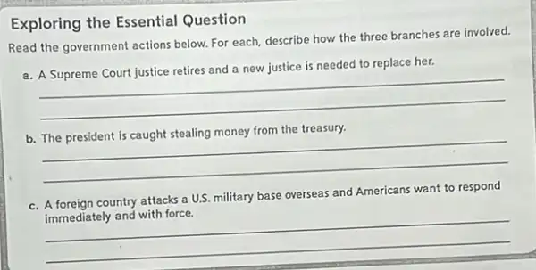 Exploring the Essential Question
Read the government actions below. For each, describe how the three branches are involved.
is needed to replace her.
__
the treasury.
b.
__
c. A foreign country attacks a U.S.military base overseas and Americans want to respond
U.S.millity base.oresessand/Americanswarm oranges
__