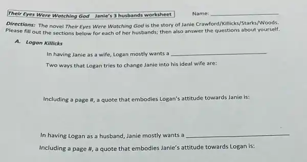 Their Eyes Were Watching God Janie's 3 husbands worksheet
__
Directions: The novel Their Eyes Were Watching God is the story of Janie Crawford/Killicks/Starks Woods.
Please fill out the sections below for each of her husbands; then also answer the questions about yourself.
A. Logan Killicks
In having Janie as a wife, Logan mostly wants a
__
Two ways that Logan tries to change Janie into his ideal wife are:
Including a page #,a quote that embodies Logan's attitude towards Janie is:
In having Logan as a husband, Janie mostly wants a
__
Including a page a quote that embodies Janie's attitude towards Logan is: