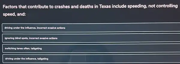 Factors that contribute to crashes and deaths in Texas include speeding not controlling
speed, and:
driving under the influence.incorrect evasive actions
ignoring blind spots, incorrect evasive actions
switching lanes often, tailgating
driving under the influence, tallgating