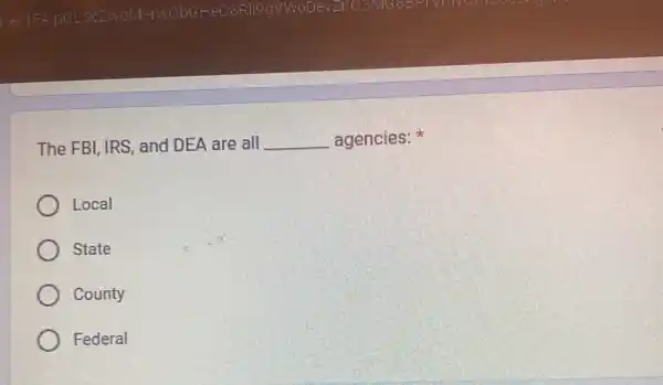 The FBI, IRS, and DEA are all __ agencies:
Local
State
County
Federal