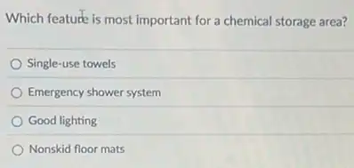 Which feature is most important for a chemical storage area?
Single-use towels
Emergency shower system
Good lighting
Nonskid floor mats