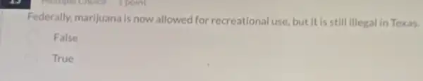 Federally, marijuana is now allowed for recreational use but it is still illegal in Texas.
False
True