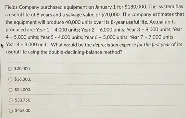 Fields Company purchased equipment on January 1 for 180,000 This system has
a useful life of 8 years and a salvage value of 20,000 The company estimates that
the equipment will produce 40,000 units over its 8-year useful life Actual units
produced are: Year 1 - 4,000 units; Year 2-6,000 units; Year 3 - 8 ,000 units; Year
4-5,000units Year 5 - 4,000 units Year 6 - 5,000 units; Year 7 - 7,000 units;
. Year 8 - 3 ,000 units. What would be the depreciation expense for the first year of its
useful life using the double-declining-balance method?
 20,000
 16,000
 24,000
 33,750
 45,000