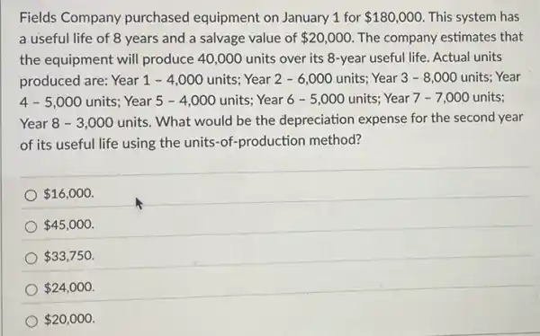 Fields Company purchased equipment on January 1 for 180,000 This system has
a useful life of 8 years and a salvage value of 20,000 The company estimates that
the equipment will produce 40,000 units over its 8-year useful life Actual units
produced are: Year 1 - 4,000 units;Year 2-6 ,000 units; Year 3-8,000 units; Year
4-5,000 units; Year 5 -4,000 units; Year 6-5,000 units; Year 7 -7,000 units;
Year 8 - 3 ,000 units. What would be the depreciation expense for the second year
of its useful life using the units-of-production method?
 16,000
 45,000
 33,750
 24,000
 20,000