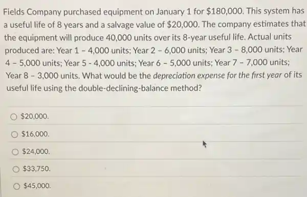 Fields Company purchased equipment on January 1 for 180,000 This system has
a useful life of 8 years and a salvage value of 20,000 The company estimates that
the equipment will produce 40,000 units over its 8-year useful life. Actual units
produced are: Year 1 - 4,000 units; Year 2-6,000 units; Year 3 - 8 ,000 units; Year
4-5,000 units; Year 5 - 4 ,000 units; Year 6 - 5,000 units; Year 7 - 7,000 units;
Year 8 - 3 ,000 units. What would be the depreciation expense for the first year of its
useful life using the double-declining-balance method?
 20,000
 16,000
 24,000
 33,750
 45,000.