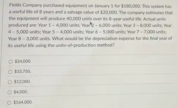 Fields Company purchased equipment on January 1 for 180,000 This system has
a useful life of 8 years and a salvage value of 20,000 The company estimates that
the equipment will produce 40,000 units over its 8-year useful life. Actual units
produced are: Year 1 - 4,000 units; Year'2 - 6,000 units Year 3 - 8 ,000 units; Year
4-5,000 units; Year 5 - 4,000 units; Year 6 - 5 ,000 units; Year 7 -7,000 units;
Year 8-3,000 units. What would be the depreciation expense for the final year of
its useful life using the units-of-production method?
 24,000
 33,750
 12,000
 4,000
 164,000.