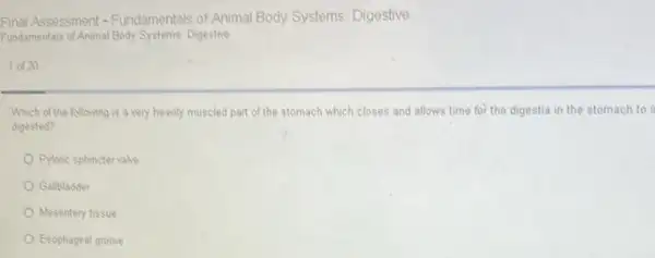 Final Assessment -Fundamentals of Animal Body Systems Digestive
Fundamentals of Animal Body Systems:Digestive
1 of 20
Which of the following is a very heavily muscled part of the stomach which closes and allows time for the digestia in the stomach to it
digested?
Pyloric sphincter valve
Gallbladder
Mesentery tissue
Esophageal groove