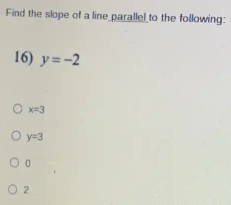 Find the slope of a line parallel to the following:
16) y=-2
x=3
y=3
0
2