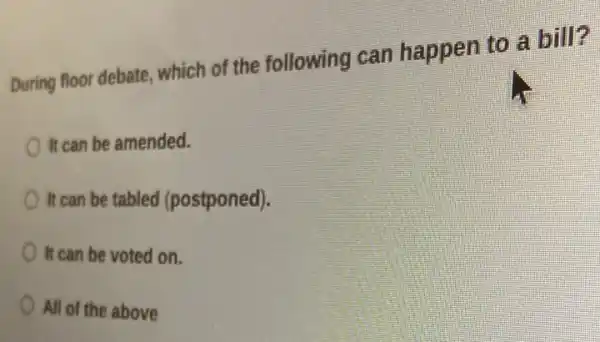 During floor debate which of the following can happen to a bill?
It can be amended.
It can be tabled (postponed).
It can be voted on.
All of the above