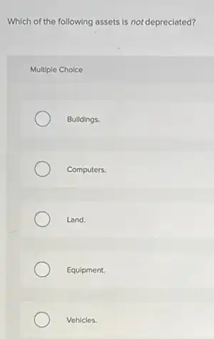 Which of the following assets is not depreciated?
Multiple Choice
Buildings.
Computers.
Land.
Equipment.
Vehicles.