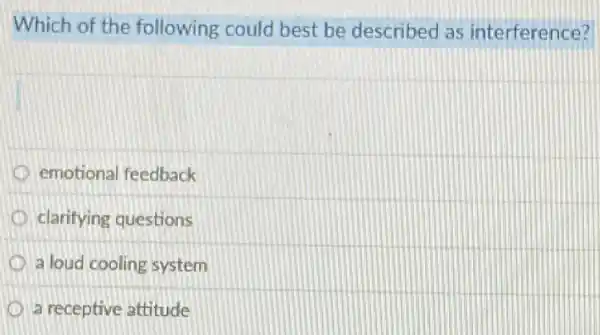 Which of the following could best be described as interference?
emotional feedback
clarifying questions
a loud cooling system
a receptive attitude