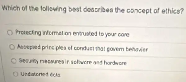 Which of the following best describes the concept of ethics?
Protecting information entrusted to your care
Accepted principles of conduct that govern behavior
Security measures in software and hardware
Undistorted data