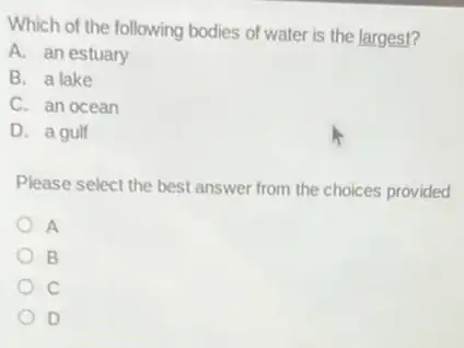 Which of the following bodies of water is the largest?
A. an estuary
B. a lake
C. an ocean
D. a gulf
Please select the best answer from the choices provided
A
B
C
D