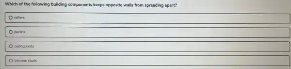 Which of the following building components keeps opposite walls from spreading apart?
rafters
purlins
ceiling joists
trimmer studs