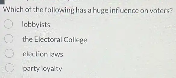 Which of the following has a huge influence on voters?
lobbyists
the Electoral College
election laws
party loyalty