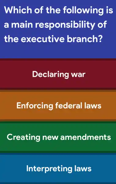 Which of the following is
a main responsibility ' of
the executive branch?
Declaring I war
Enforcing federal laws
Creating new amendments
Interpreting I laws