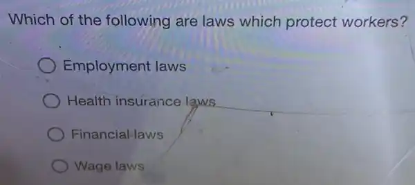 Which of the following are laws which protect workers?
Employment laws
Health insurance laws
Financial-laws
Wage laws