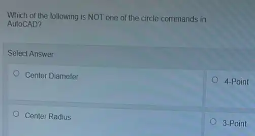 Which of the following is NOT one of the circle commands in
AutoCAD?
Select Answer
Center Diameter
Center Radius
4-Point
3-Point