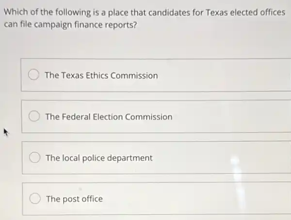 Which of the following is a place that candidates for Texas elected offices
can file campaign finance reports?
The Texas Ethics Commission
The Federal Election Commission
The local police department
The post office