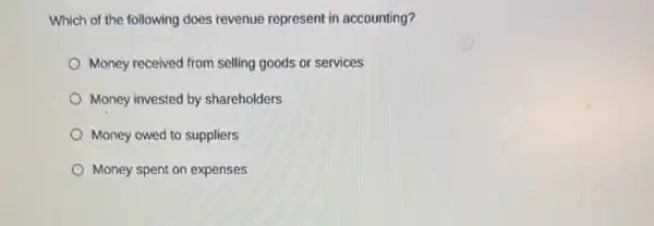 Which of the following does revenue represent in accounting?
Money received from selling goods or services
Money invested by shareholders
Money owed to suppliers
Money spent on expenses