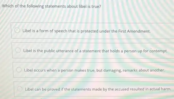 Which of the following statements about libel is true?
Libel is a form of speech that is protected under the First Amendment.
Libel is the public utterance of a statement that holds a person up for contempt.
Libel occurs when a person makes true, but damaging, remarks about another.
Libel can be proved if the statements made by the accused resulted in actual harm.