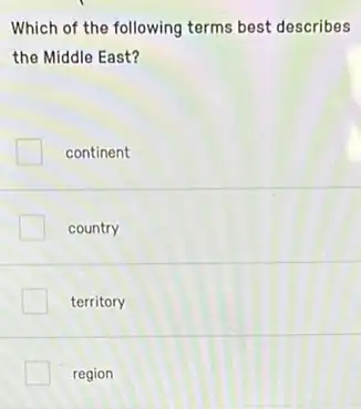 Which of the following terms best describes
the Middle East?
continent
country
territory
region