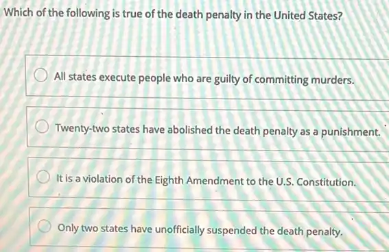 Which of the following is true of the death penalty in the United States?
All states execute people who are guilty of committing murders.
__
Twenty-two states have abolished the death penalty as a punishment.
__
It is a violation of the Eighth Amendment to the U.S. Constitution.
__
Only two states have unofficially suspended the death penalty.