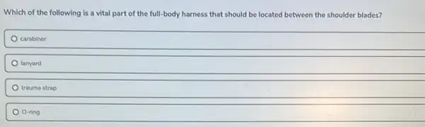 Which of the following is a vital part of the full-body harness that should be located between the shoulder blades?
carabiner
lanyard
trauma strap
D-ring