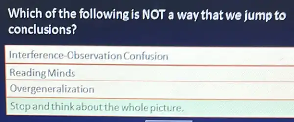 Which of the following is NOT a way that we jump to
conclusions?
Interference -Observation Confusion
Reading Minds
Overgeneralization
Stop and think about the whole picture.