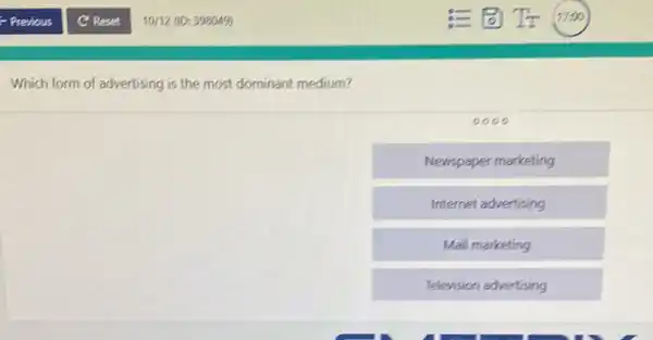 Which form of advertising is the most dominant medium?
0000
Newspaper marketing
Internet advertising
Mail marketing
Television advertising