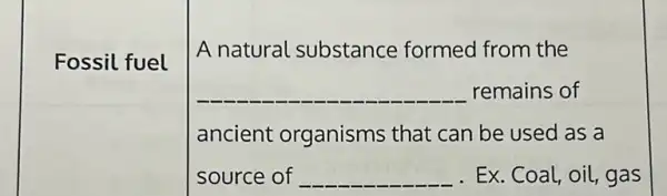 Fossil fuel
A natural substance formed from the
__ remains of
ancient organisms that can be used as a
source of __ Ex. Coal, oil, gas