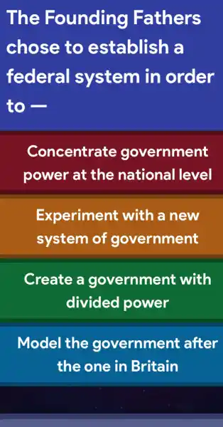 The Founding Fathers
chose to establish a
federal system in order
to -
Concentrate government
power at the national level
Experiment with a new
system of government
Create a government with
divided I power
Model the government after
the one in Britain