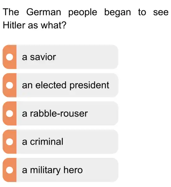 The German people began to see
Hitler as what?
a savior
an elected president
a rabble -rouser
a criminal
a military hero