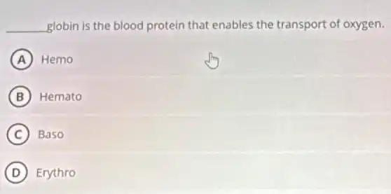 __ globin is the blood protein that enables the transport of oxygen.
A Hemo
B Hemato
C Baso
D Erythro