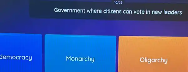 Government where citizens can vote in new leaders
democracy
Monarchy
Oligarchy