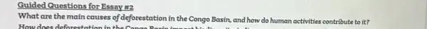 Guided Questions for Essay #2
What are the main causes of deforestation in the Congo Basin, and how do human activities contribute to it?
How does deforestntion in the Conco Basin