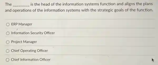 The __ is the head of the information systems function and aligns the plans
and operations of the information systems with the strategic goals of the function.
ERP Manager
Information Security Officer
Project Manager
Chief Operating Officer
Chief Information Officer